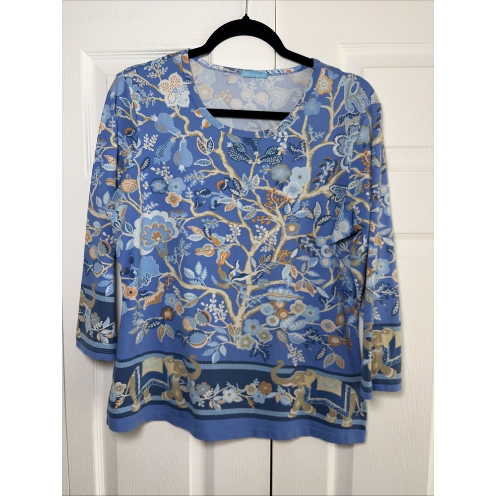 J.McLaughlin Elephant Tree of Life Top Womens L Blue Floral Catalina Cloth Coast